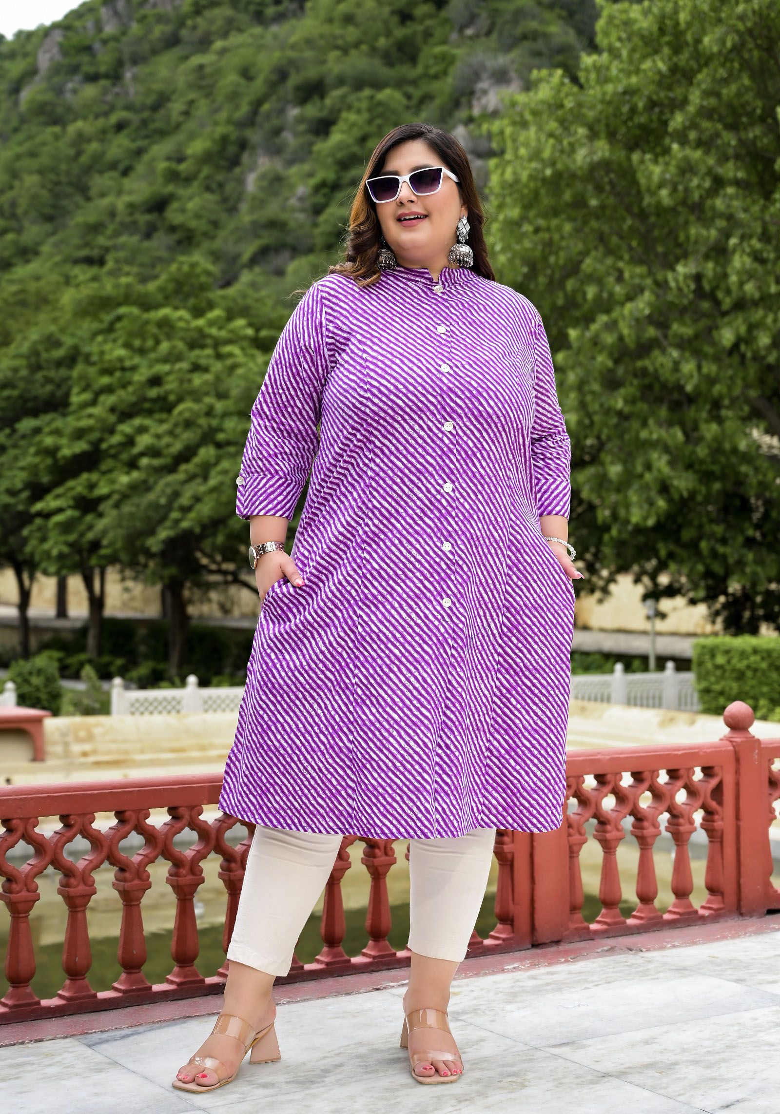 Lee Moda Plus Size Leheriya Printed Mandarin Collar Pure Cotton Straight Kurta-picture-22