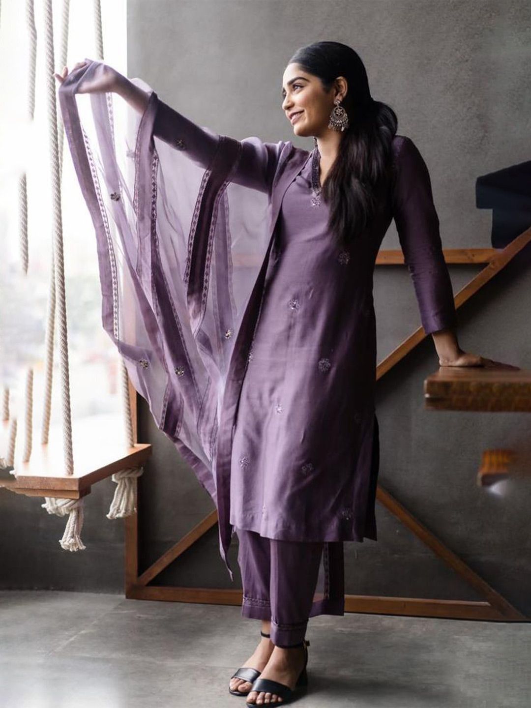 Women Cream Embroidered Straight Kurta Trousers With Dupatta Set main image 1