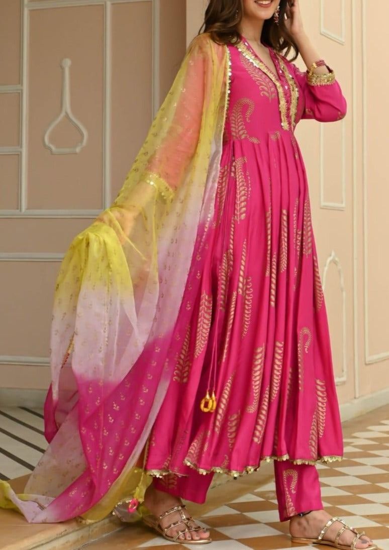 KALINI Women Floral Printed Angrakha Thread Work Kurta with Palazzos & With Dupatta