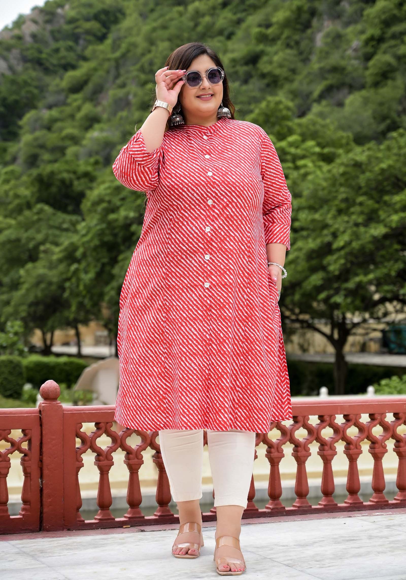 Lee Moda Plus Size Leheriya Printed Mandarin Collar Pure Cotton Straight Kurta-picture-20