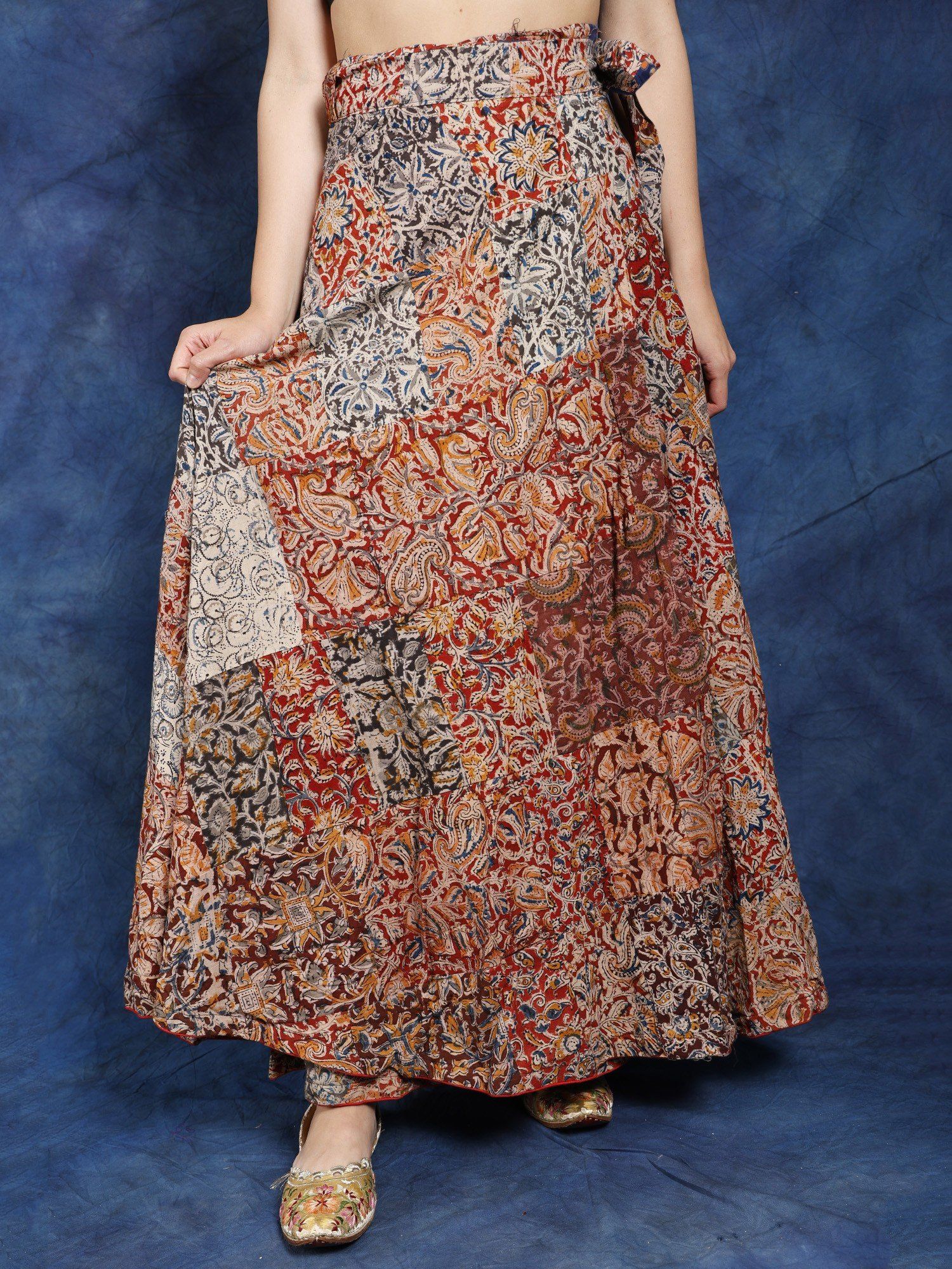 Exotic India Rainbow Printed Pure Cotton Long Skirt With Patch Work-image-6
