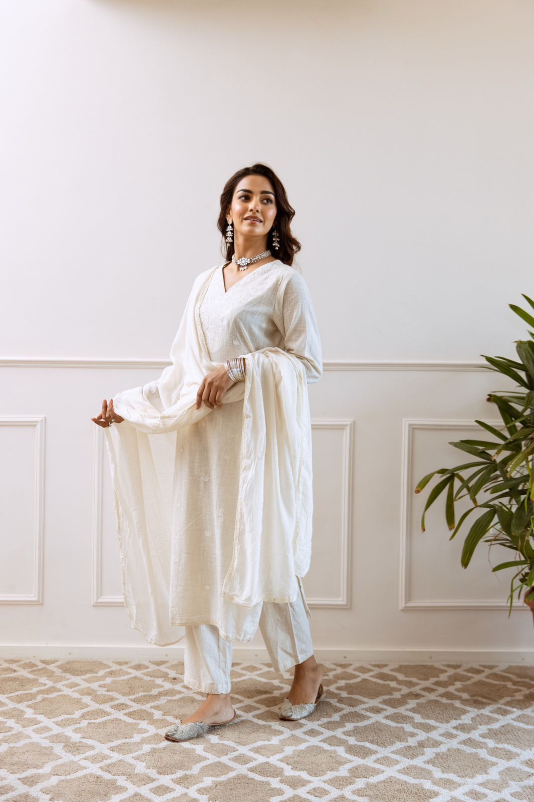 Women Floral embroidered rust round_neck Pure Cotton Kurta Set With Trouser & Dupatta