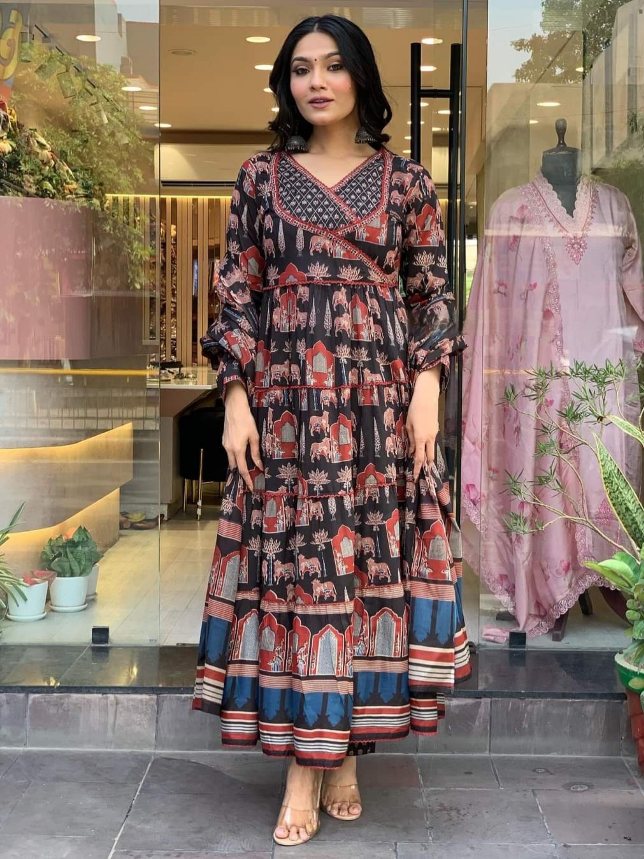 Women's Olive Ethnic Motifs Printed Anarkali Kurta