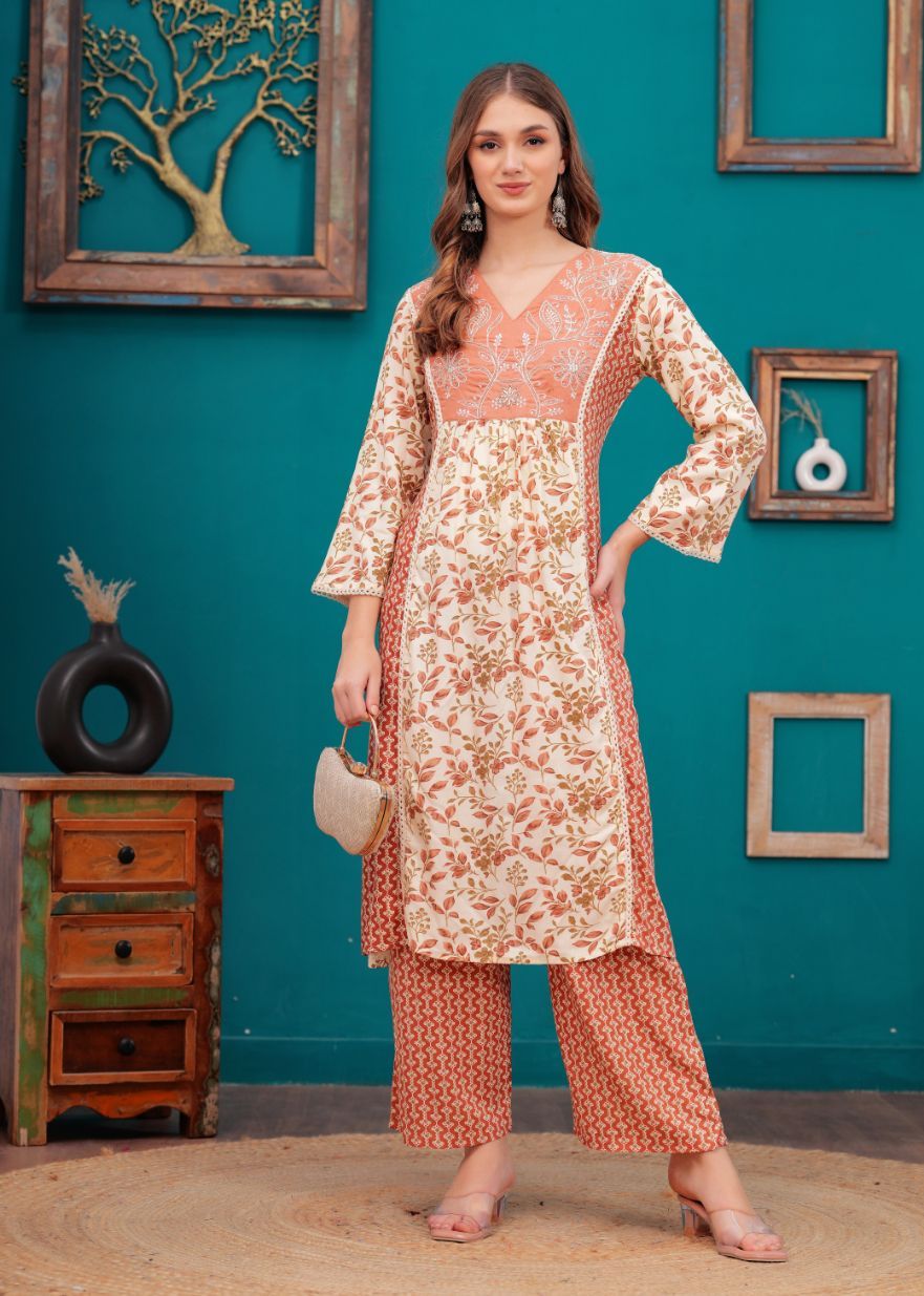 Floral Printed V-Neck A-Line Kurta With Trousers