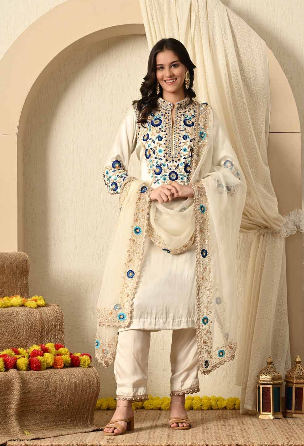 ZARIKALI Floral Embroidered Regular Zardozi Pure Silk Kurta With Trousers With Dupatta-picture-20