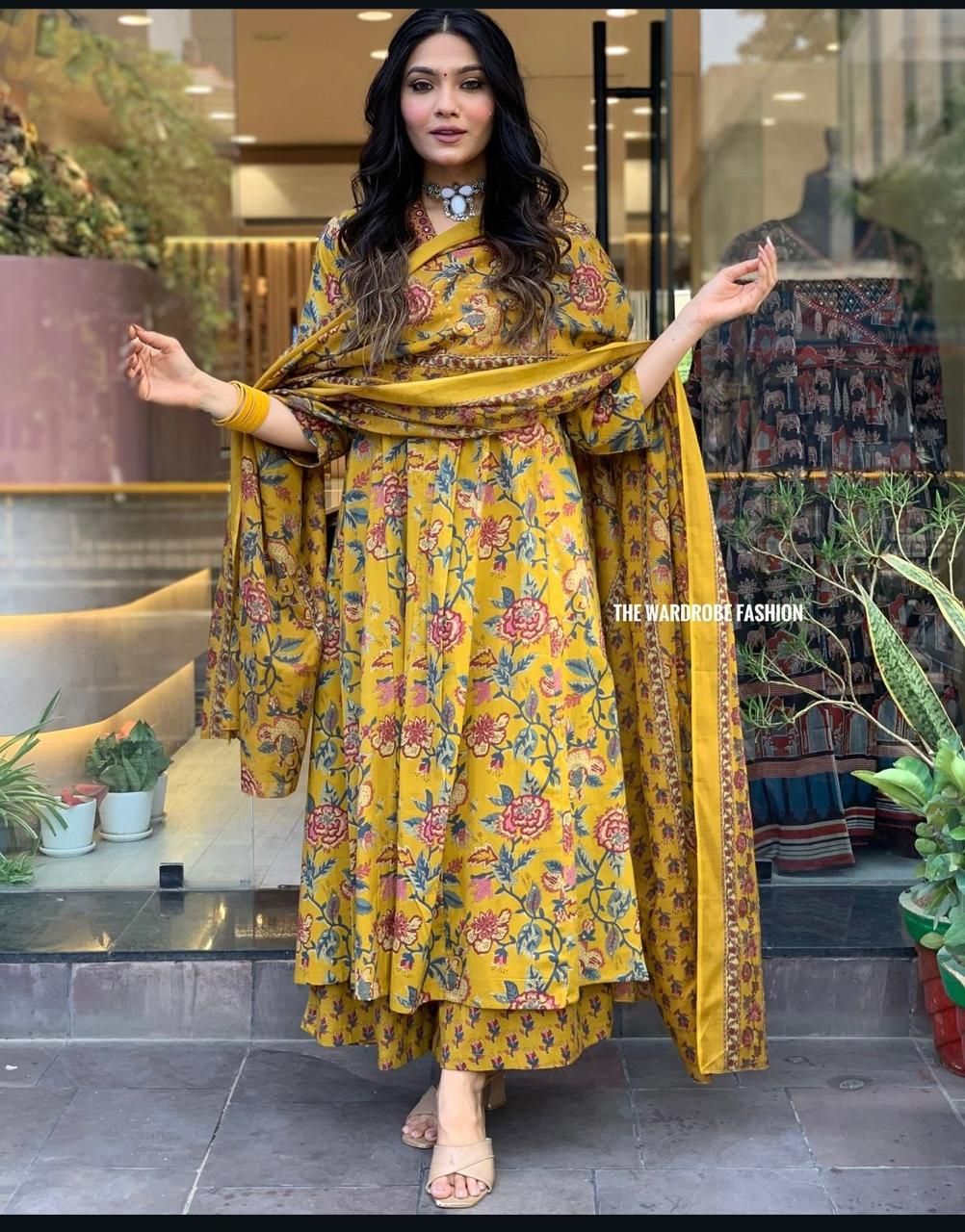 S.K.C Floral Printed Mirror Work Pleated V-Neck A-Line Kurta with Palazzo & Dupatta-picture-20