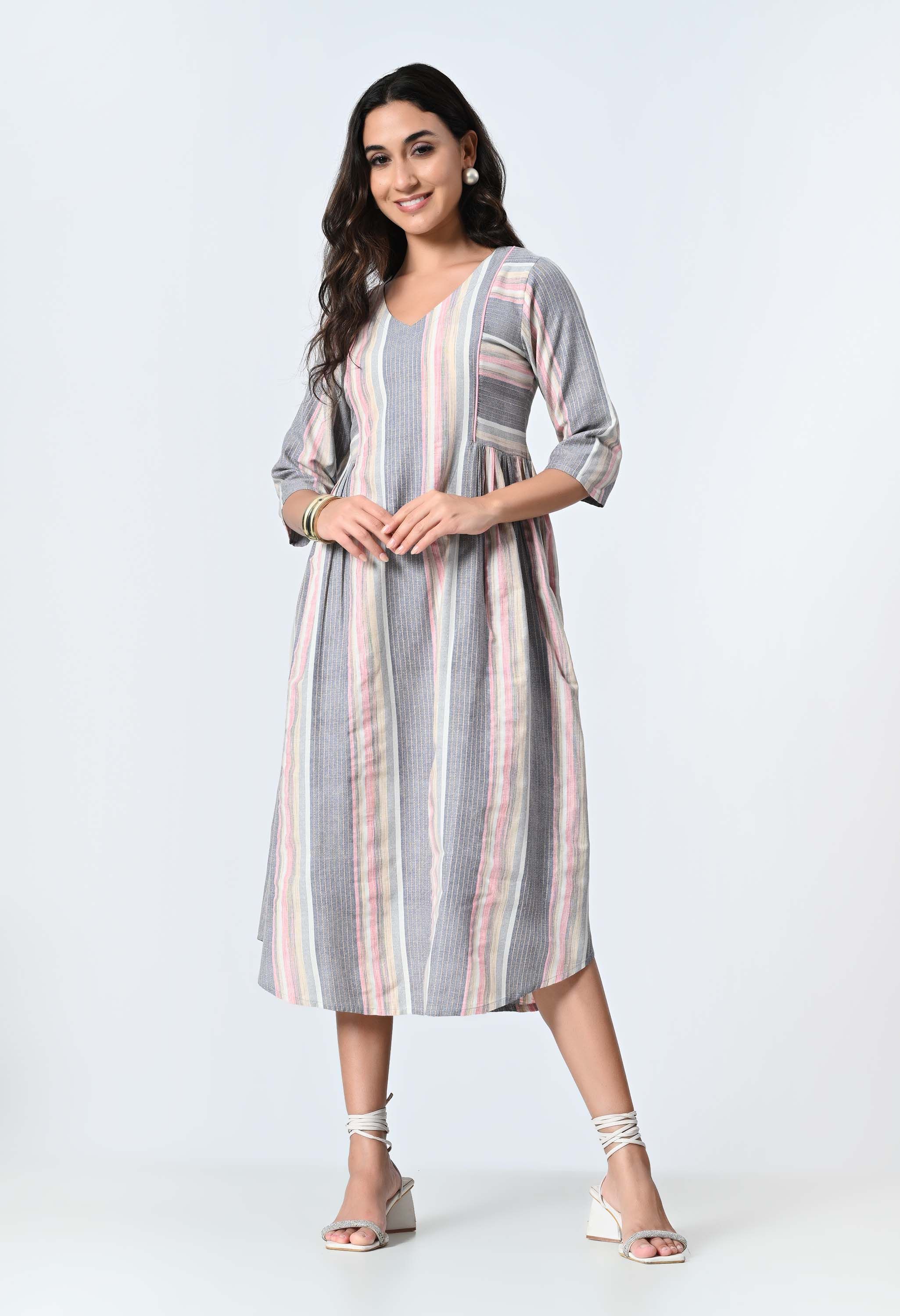BAESD Women Striped V-neck A-Line Midi Dress-picture-30
