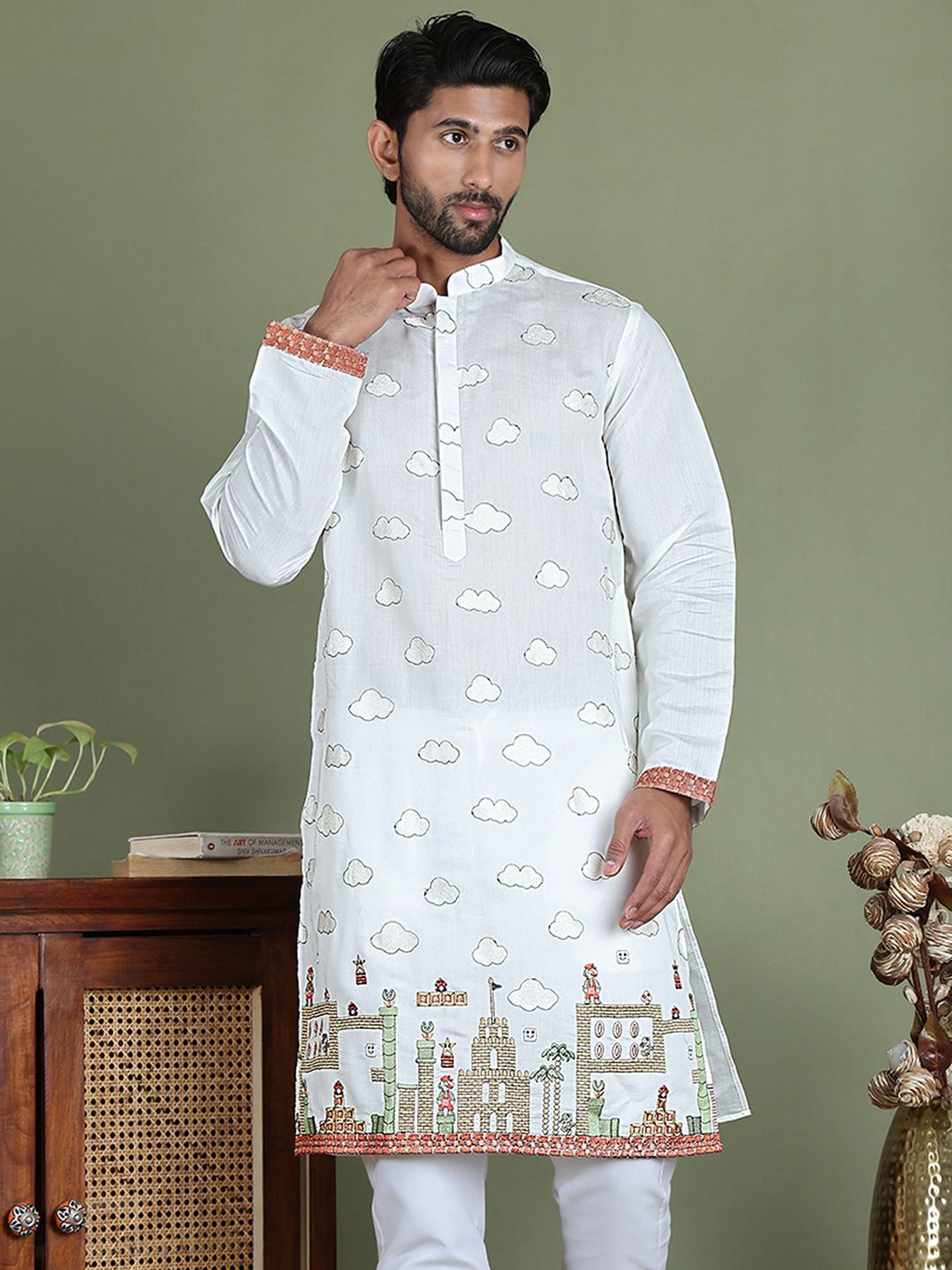 Jompers Men Geometric Embroidered Chikankari Kurta-picture-31