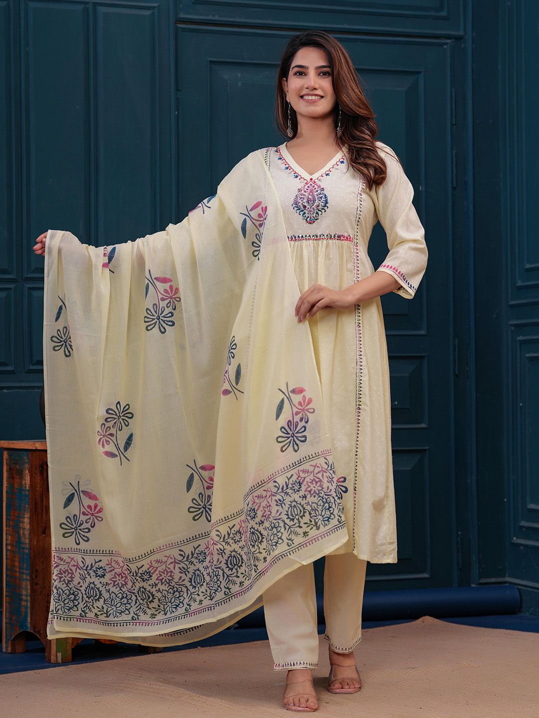 Meeranshi Floral Printed Pleated A-Line Pure Cotton Kurta With Trouser And Dupatta-picture-11