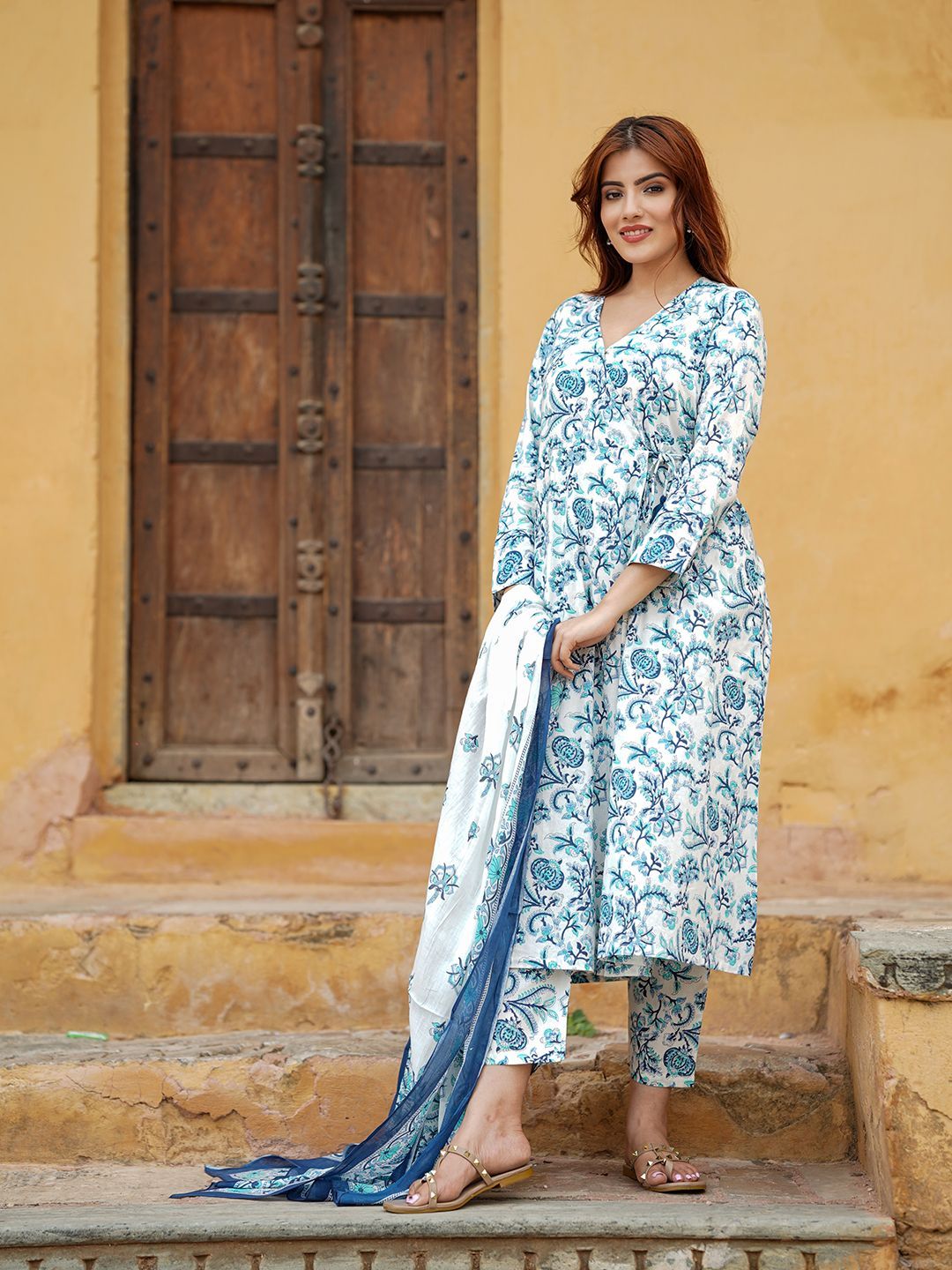 Floral Printed Angrakha Pure Cotton Top with Sharara & With Dupatta