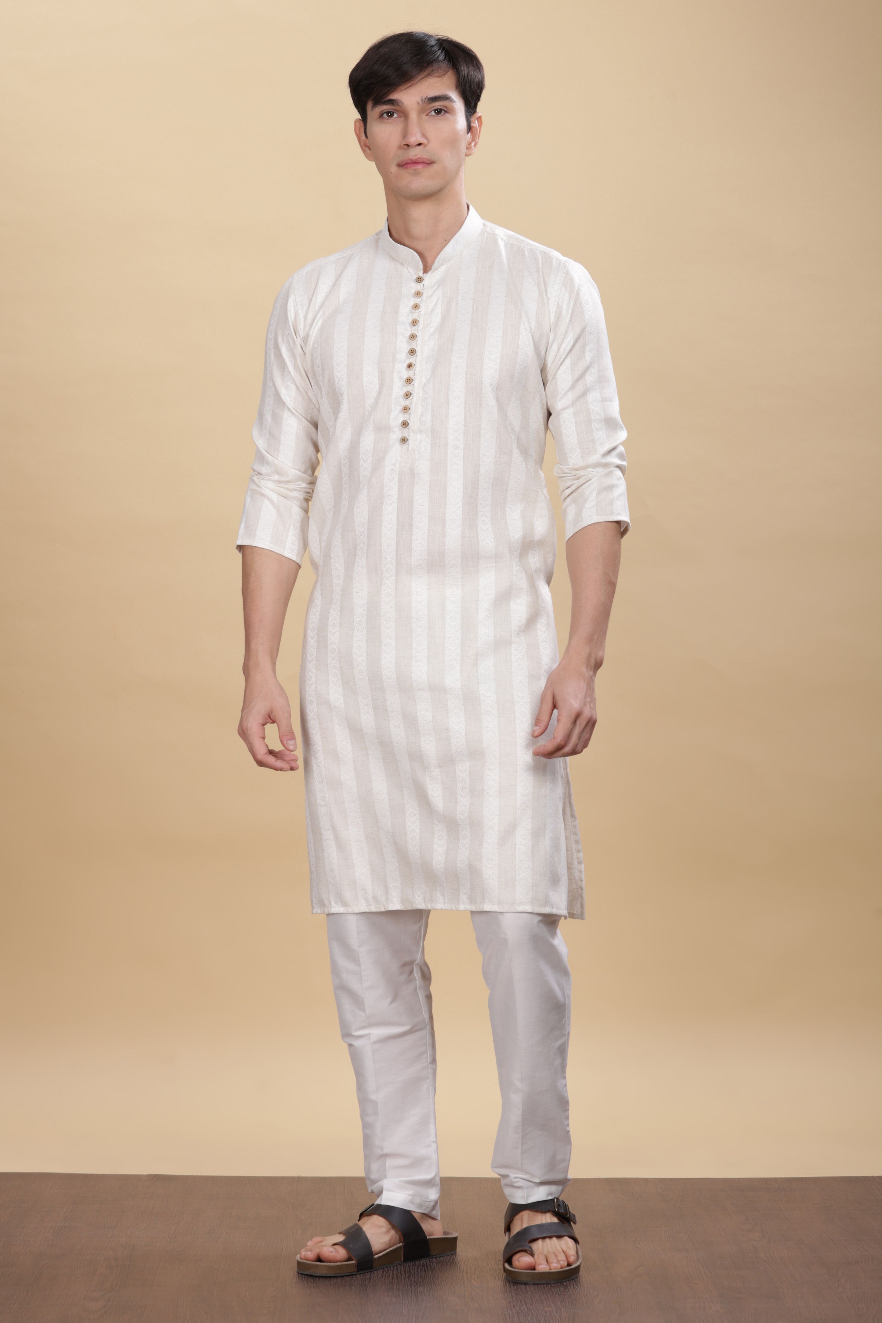 Anouk White Striped Mandarin Collar Cotton Straight Kurta-image-21