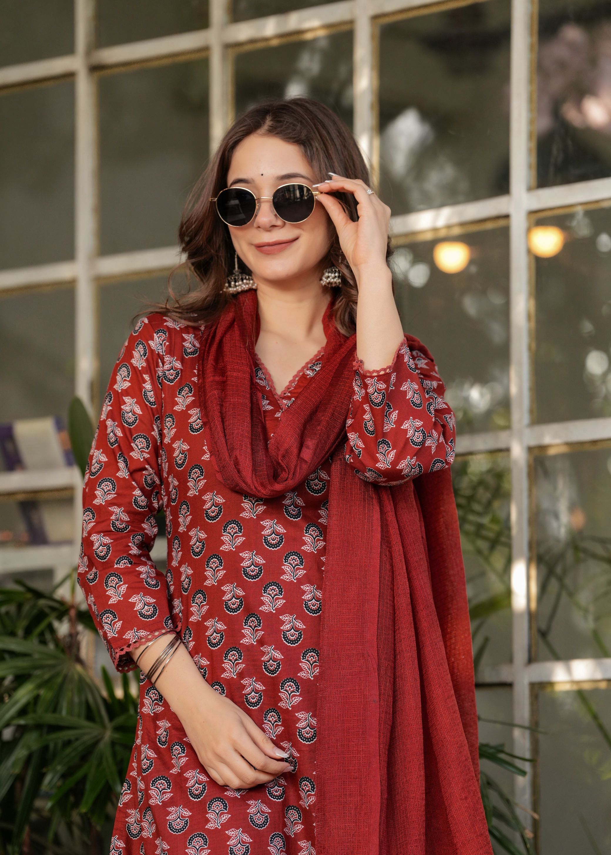 Anouk Maroon Floral Printed V-Neck Pure Cotton Straight Kurta With Trouser & Dupatta-picture-13
