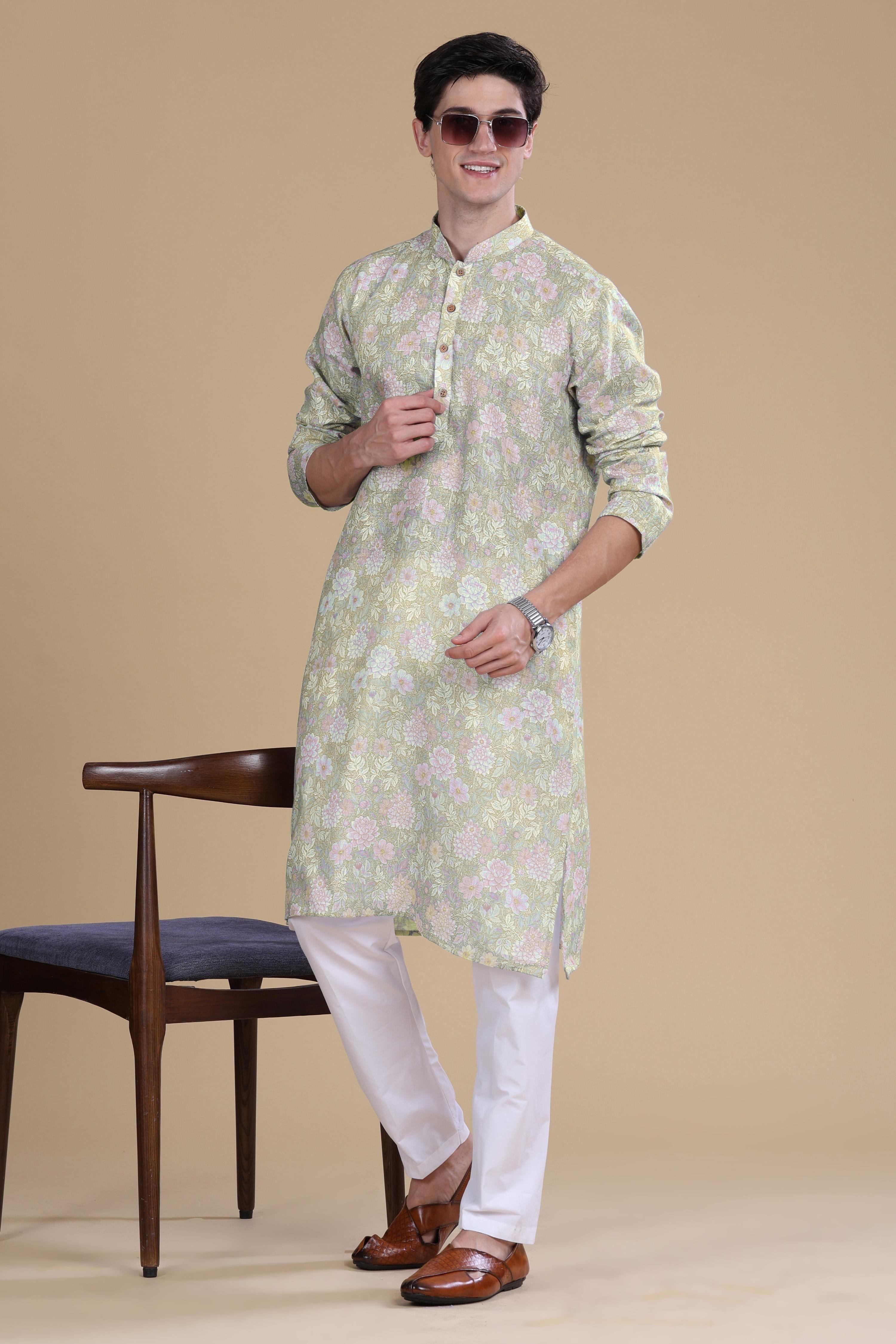 Men's Floral Printed Cotton Straight Kurta