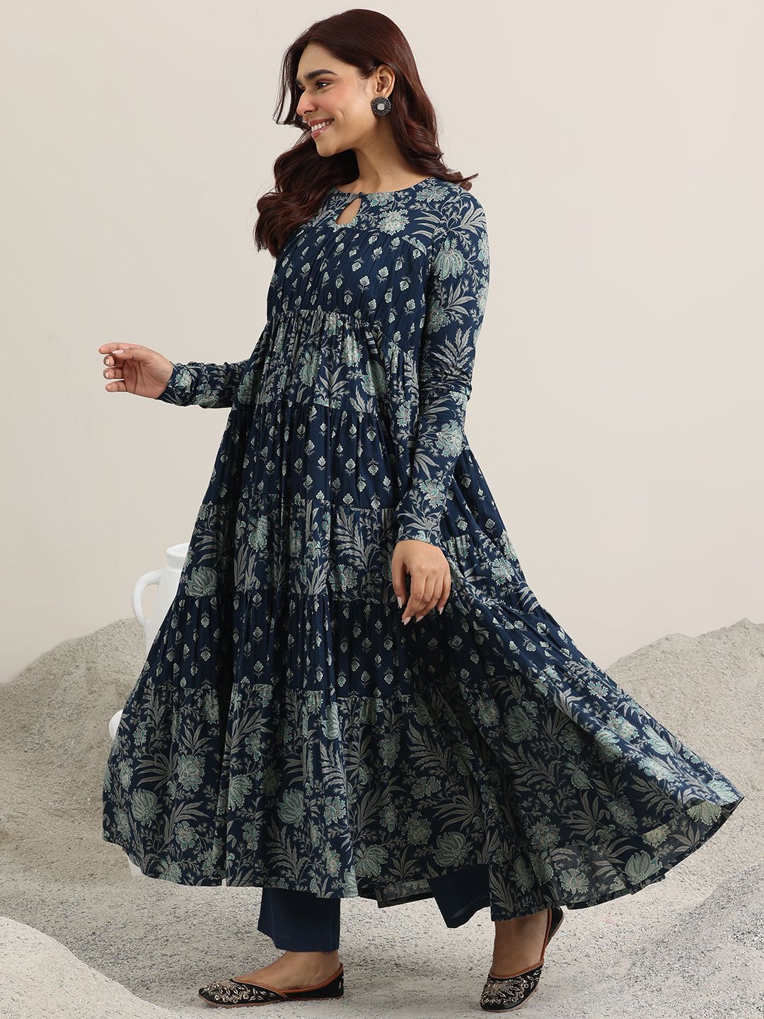Floral Printed Pure Cotton Anarkali Kurta With Trousers & Dupatta