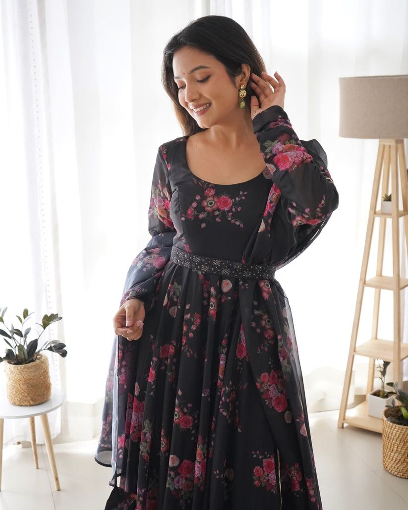 Femvy Floral Printed Fit & Flare Maxi Ethnic Dresses With Dupatta-picture-11