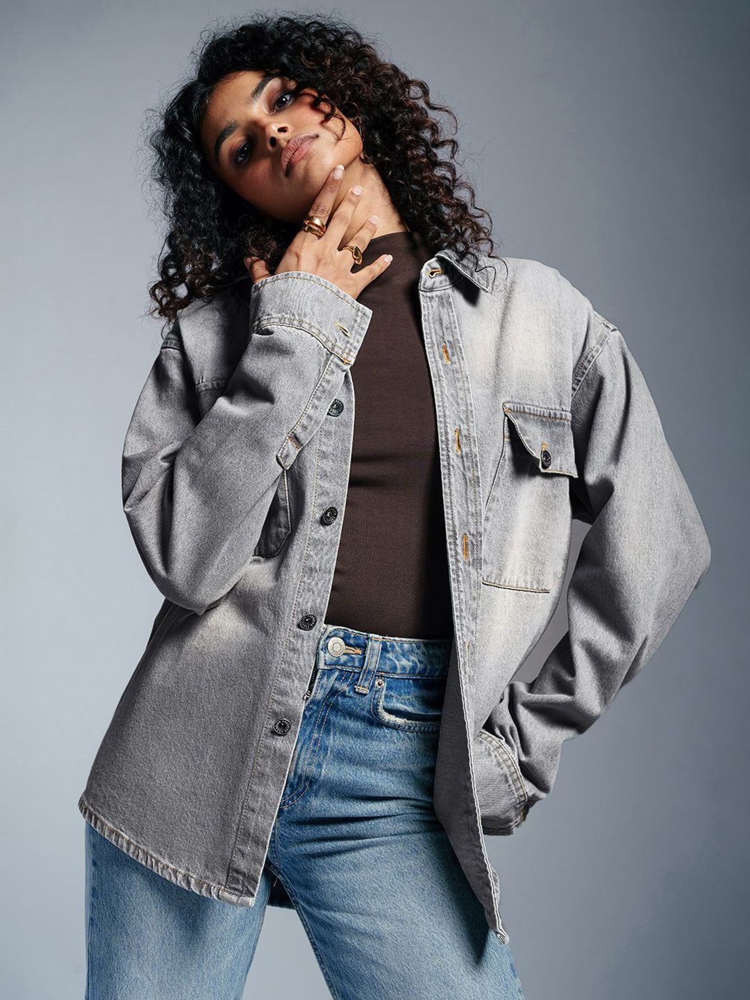 FREAKINS Women Grey Solid Casual Denim Jacket