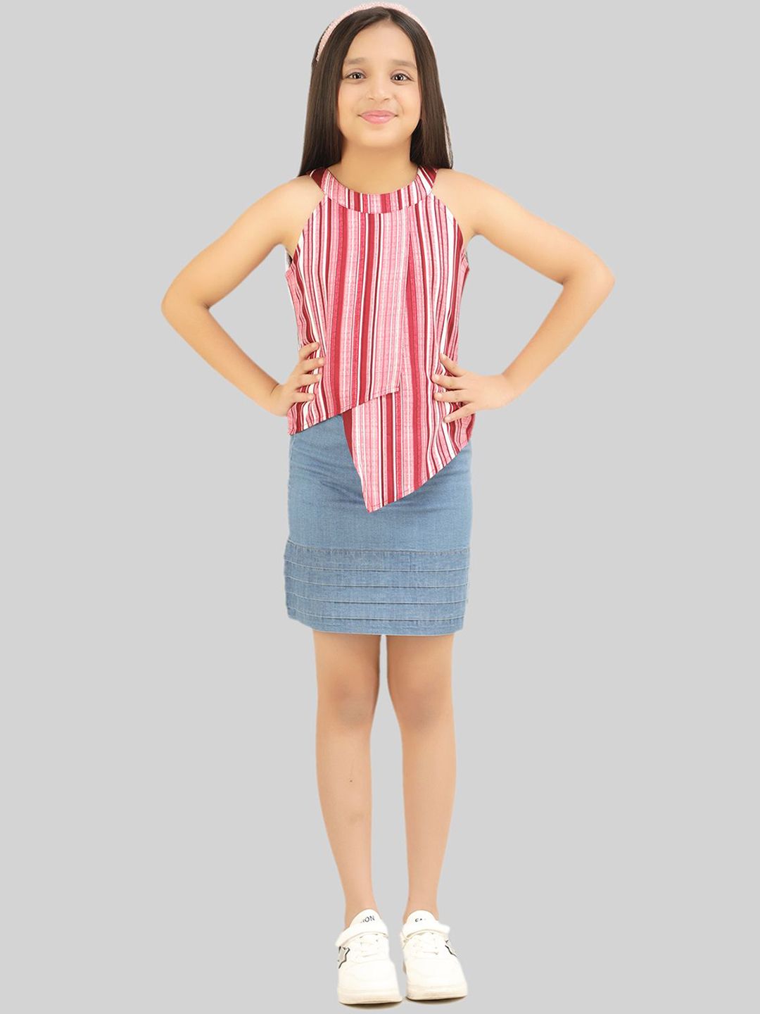 BEING NAUGHTY Girls Striped Halter Neck Sleeveless Top With Skirt-picture-22