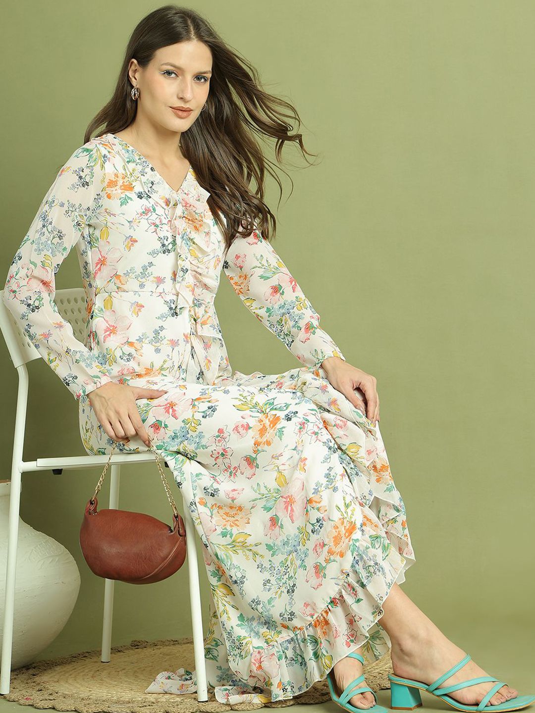 La Zoire Women Floral Printed Ruffled Georgette Maxi Dress