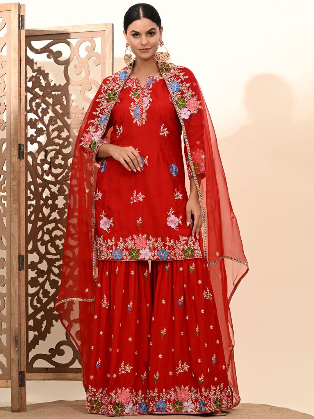 ZARIKALI Women Floral Embroidered Regular Zardozi Raw Silk Kurta with Sharara & With Dupatta-image-40