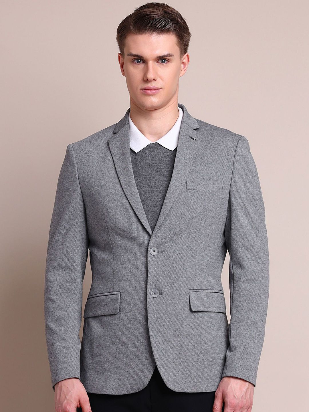 Arrow Self Design Notched Lapel Single Breasted Blazer