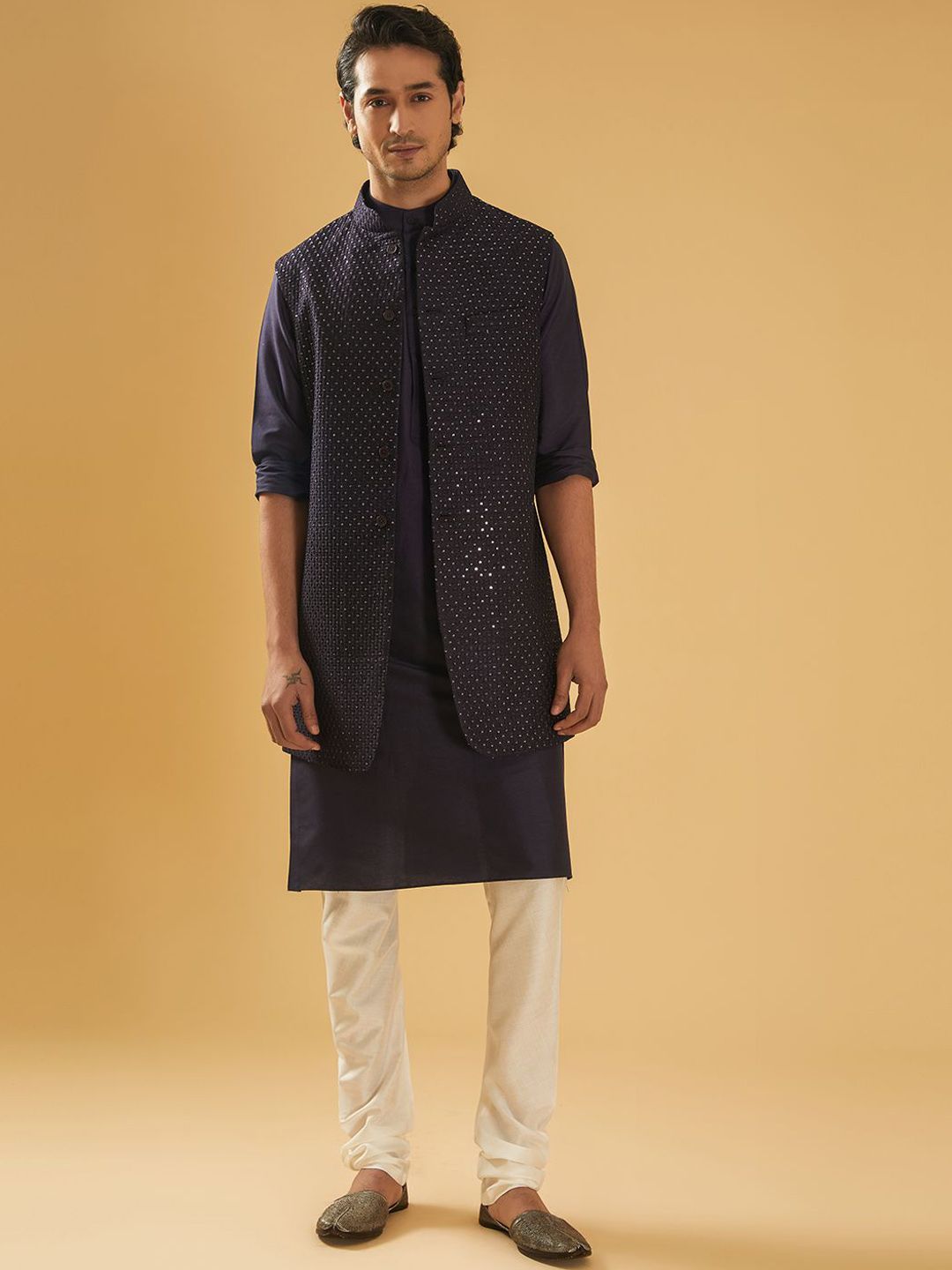 RR Blue Embellished Sequinned Mandarin Collar Longline Nehru Jacket-picture-17