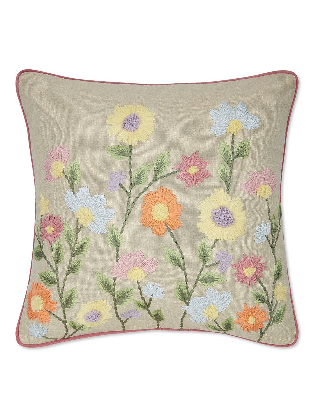 haus & kinder Wildflower Bunch Beige & Yellow Floral Embroidered Square Cushion Cover-image-48