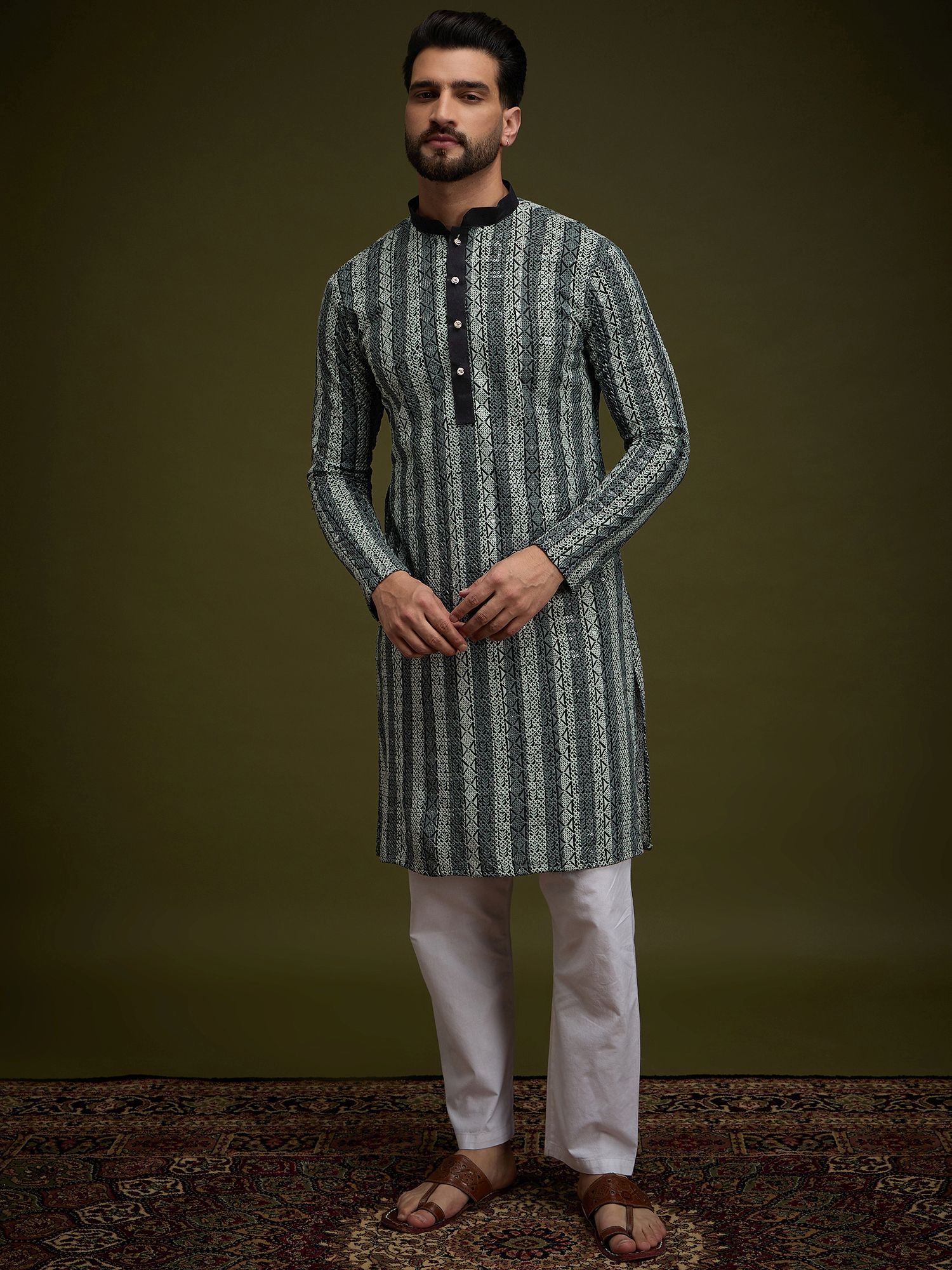 Anouk Black Geometric Embroidered Sequinned Mandarin Collar Straight Kurta-picture-11