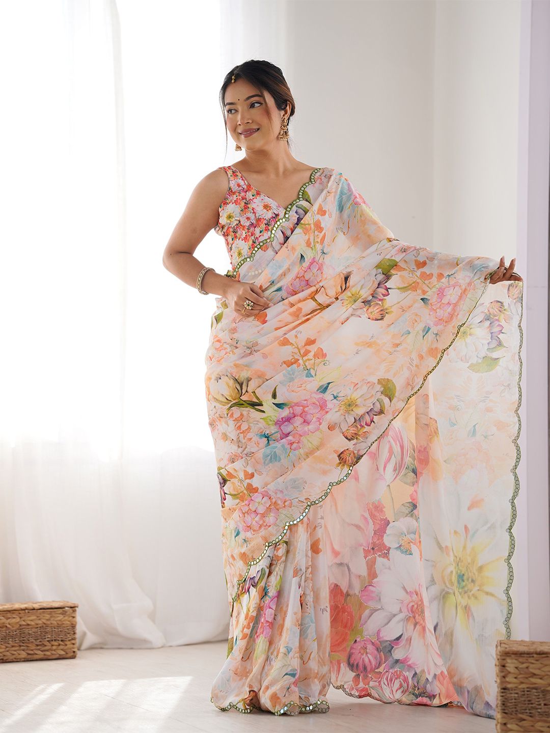Kalista Floral Mirror Work Pure Chiffon Saree-picture-35