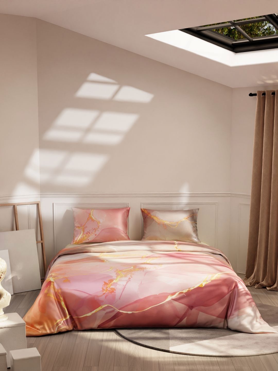 Stoa Paris Peach-Coloured & Gold-Toned Satin King Regular Bedding Set-image-33