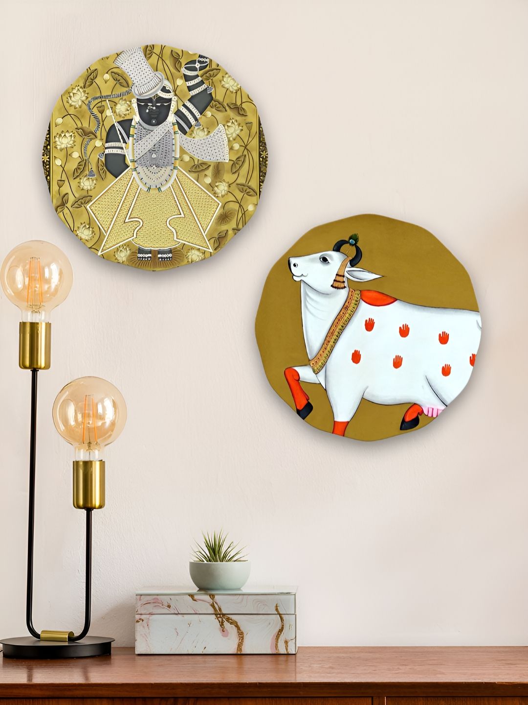 ArtVibes 2-Pcs Olive Green & White Pichwai Printed Wooden Wall Hangings-picture-36