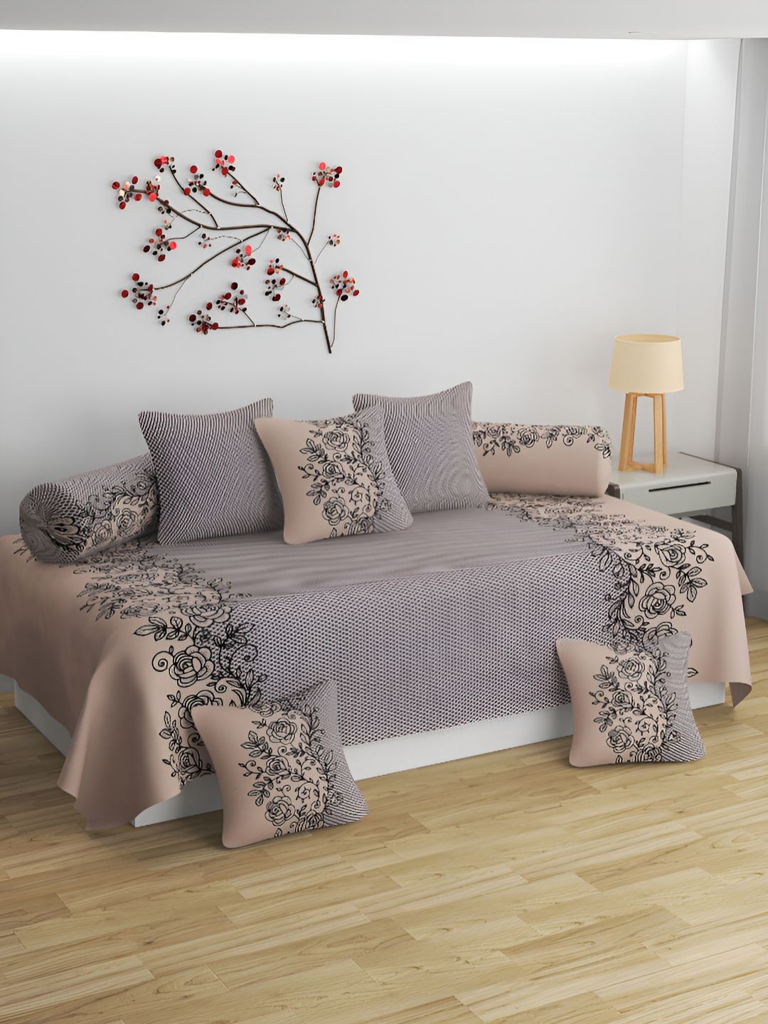 BELVOSTUM 8-Pcs Beige & Black Printed Cotton Diwan Set