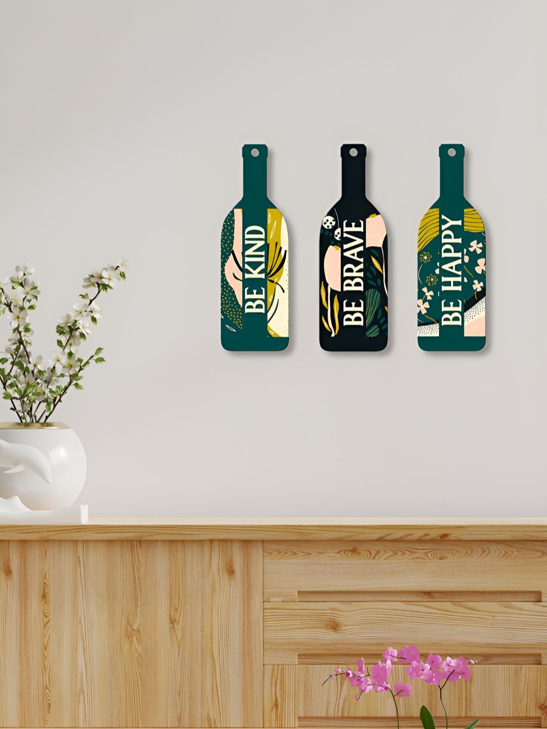 ArtVibes 3Pcs Green & Black Printed Wooden Wall Decor Hangings-picture-32