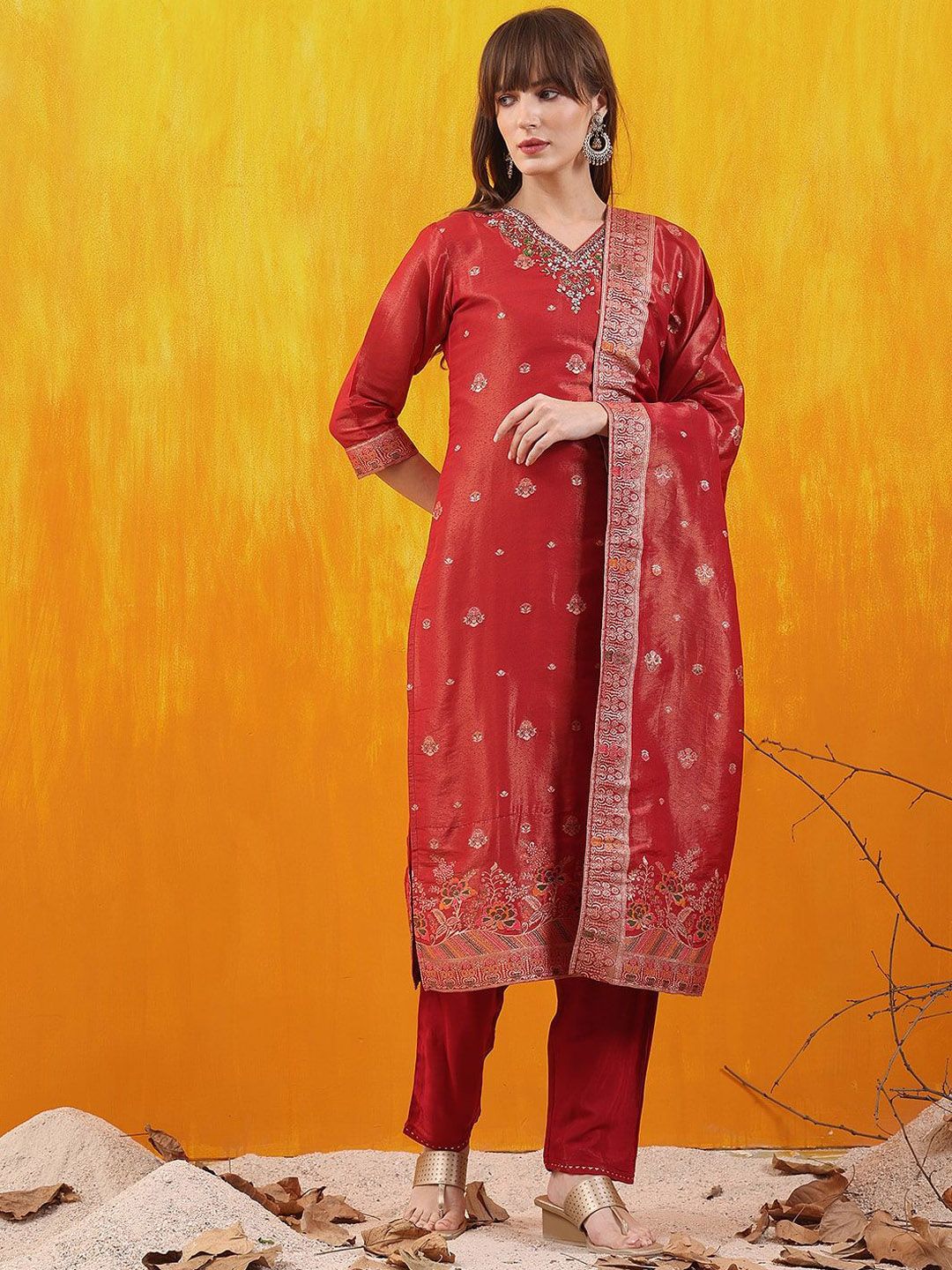 KALINI Women Embroidered Regular Beads and Stones Pure Silk Kurta with Trousers & With Dupatta