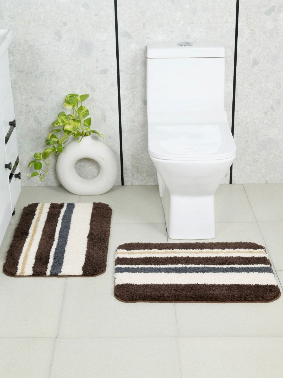 Saral Home 2-Pcs Brown & Beige Striped Rectangular Bath Rugs-picture-32