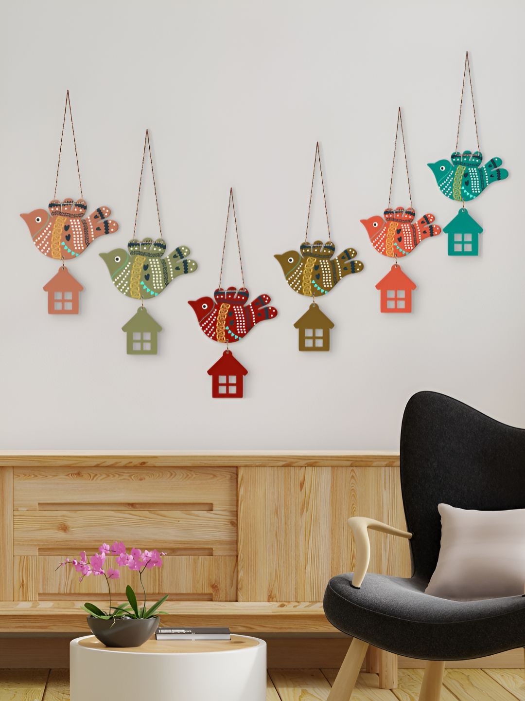 ArtVibes 6-Pcs Green & Orange Coloured Flying Birds Wooden Wall Hangings-picture-35