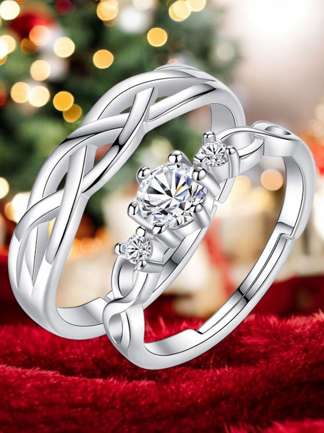 Nilu's Collection Set Of 2 Silver-Plated & CZ-Studded Couple Adjustable Finger Rings-picture-40