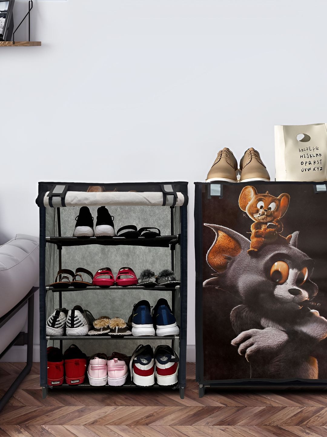 Rmerchants Grey & Brown Tom & Jerry Printed 4 Layer Water Resistant Shoes Organiser-picture-25