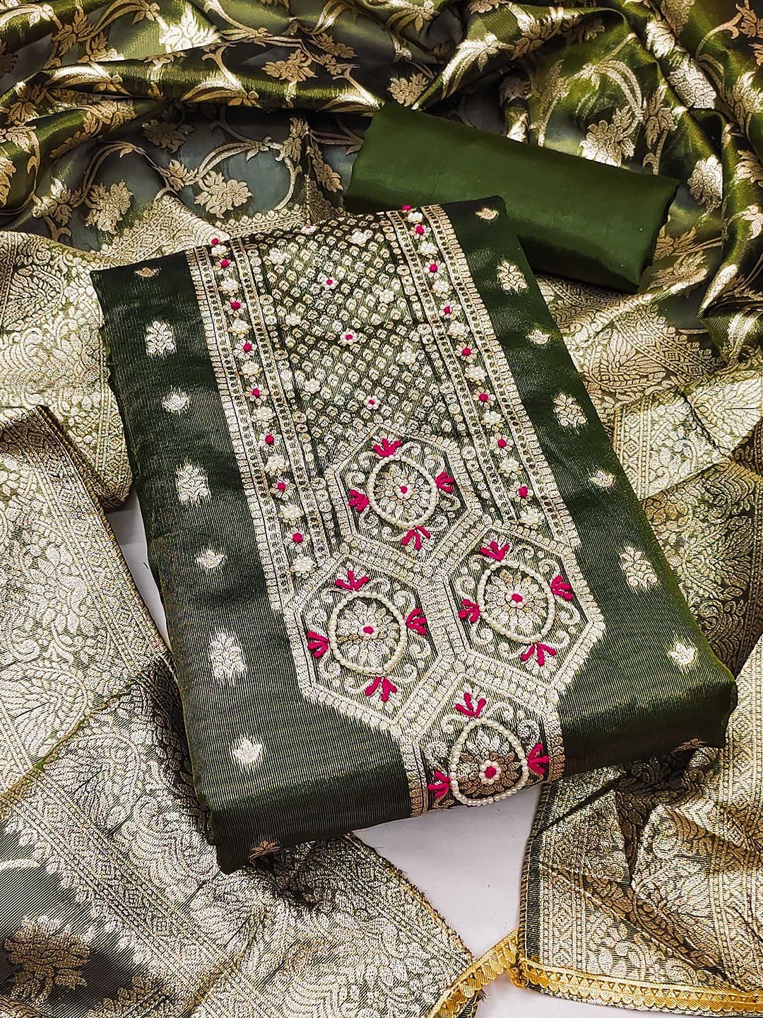 Maroosh Floral Woven Design Beads & Stones Embellished Unstitched Dress Material-picture-51
