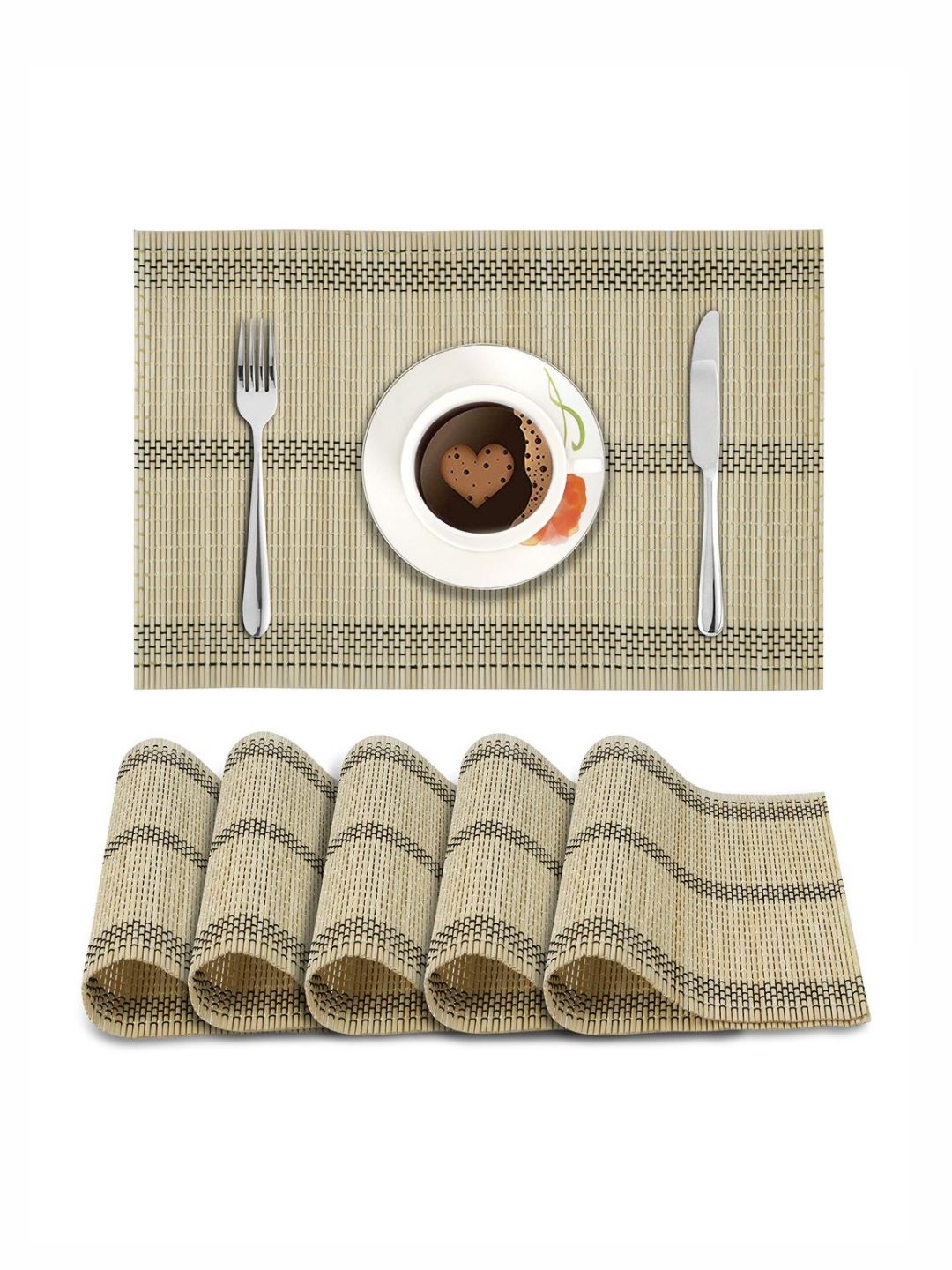 HOKIPO Cream-Colored & Black Striped Heat Resistant Bamboo Table Placemats