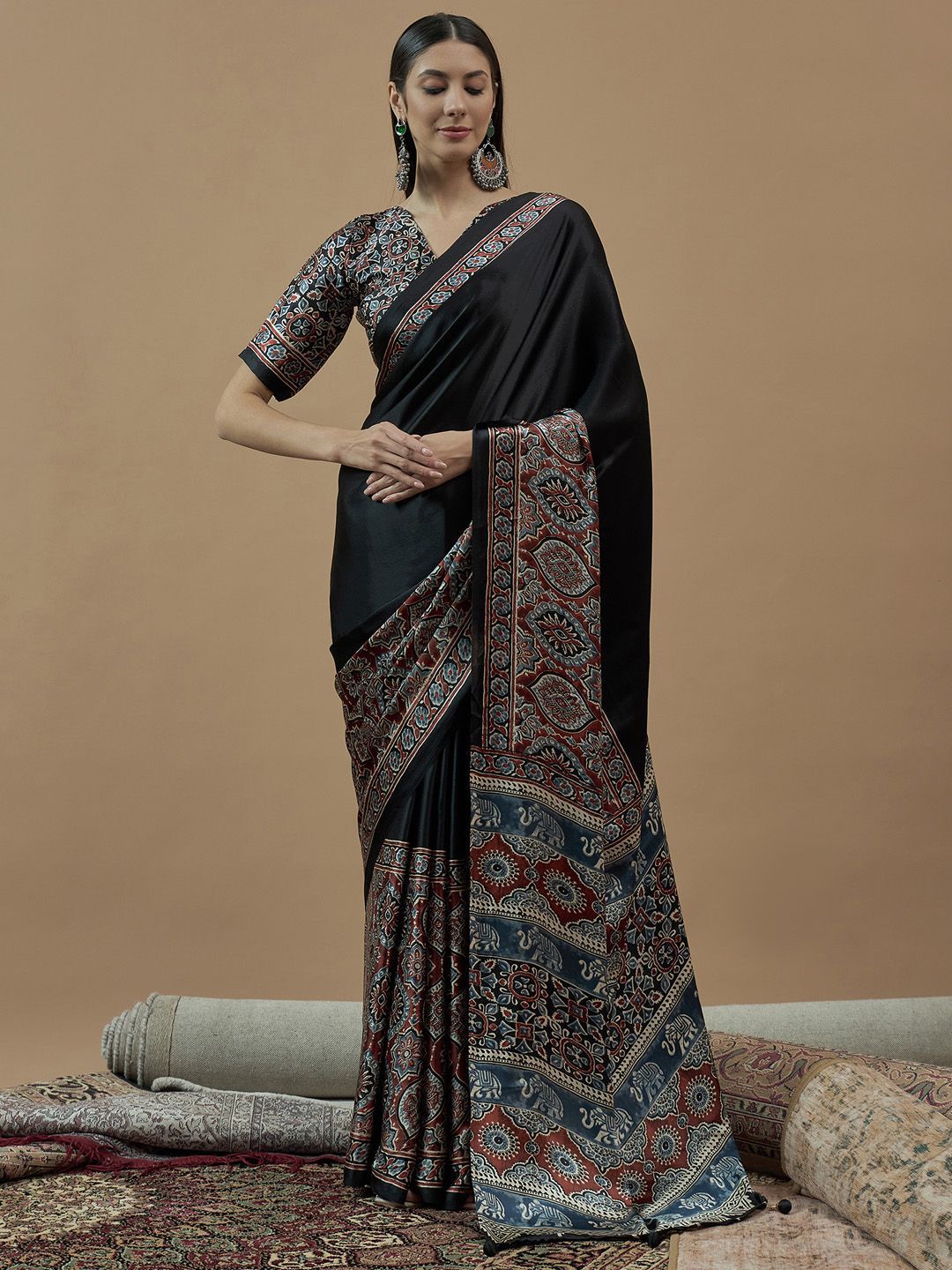Anouk Ajrak Block Poly Crepe Block Print Saree-image-42