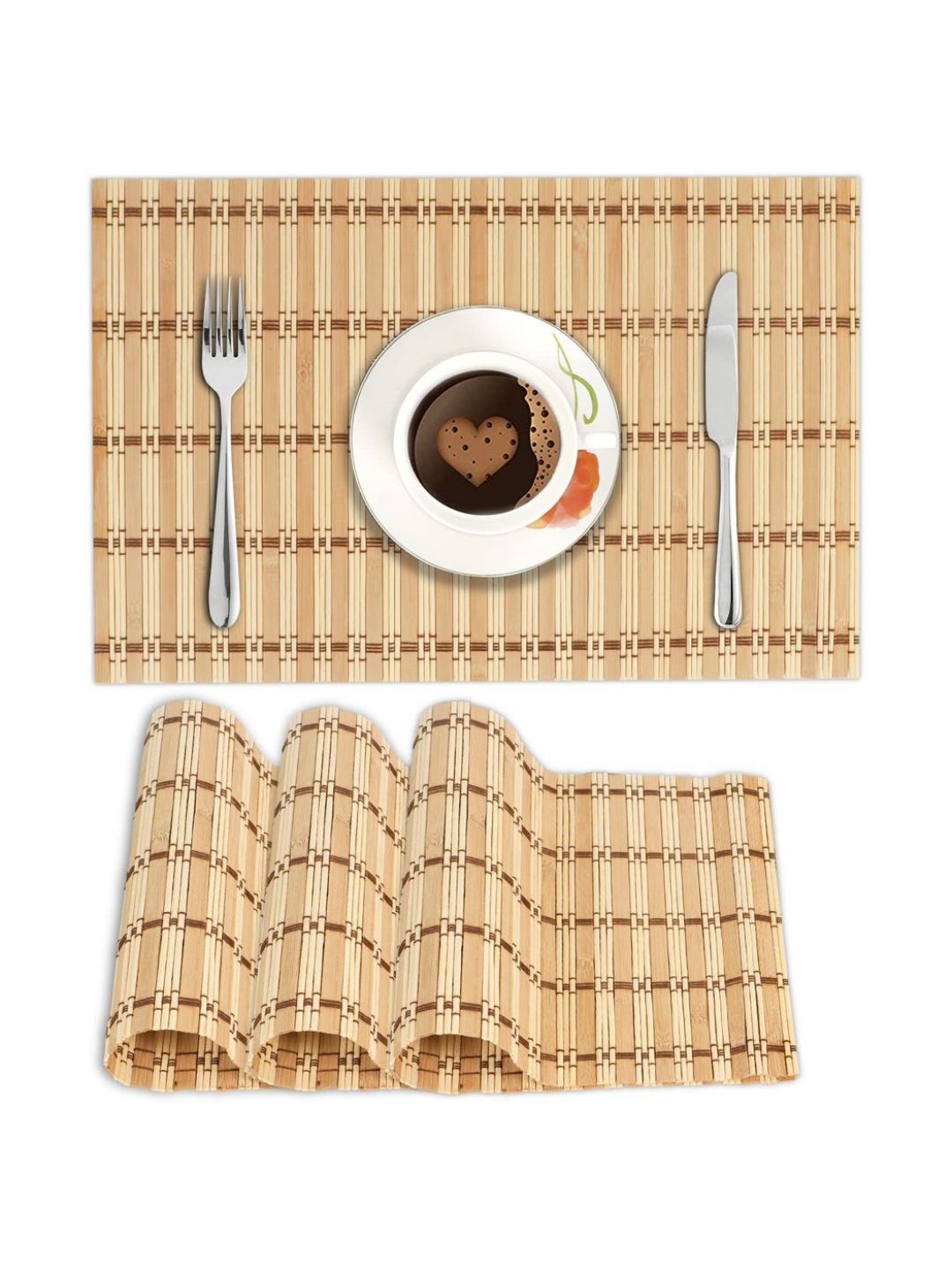 HOKIPO Beige & Brown 4 Pieces Striped Reversible Bamboo Non-Slip Table Placemats-picture-24