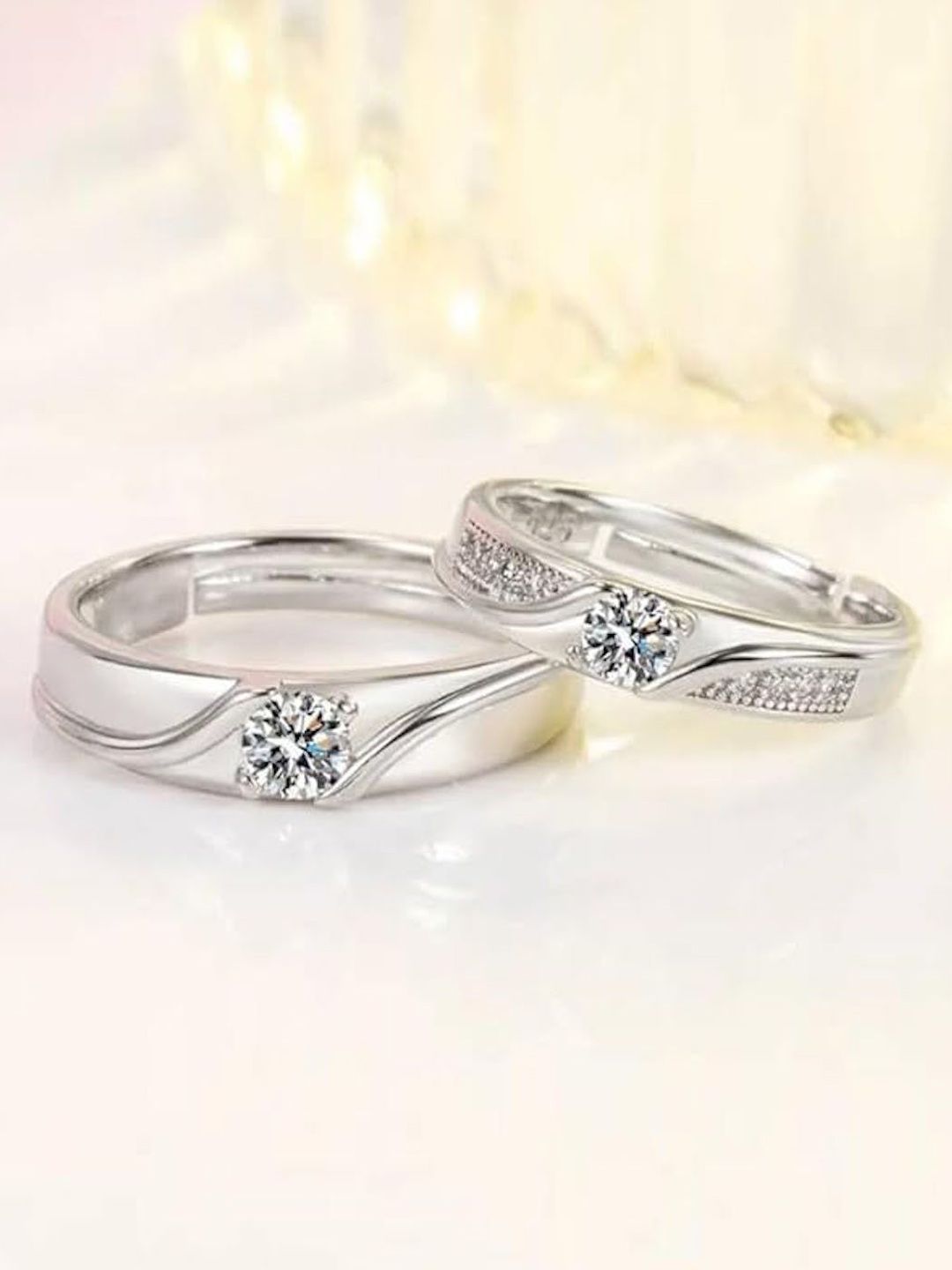 Nilu's Collection Unisex Set Of 2 925 Sterling Silver Plated CZ-Studded Finger Ring-picture-16