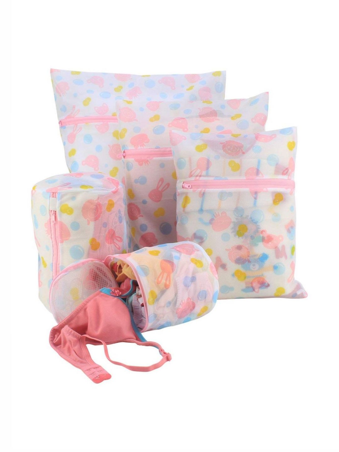 HOKIPO White & Pink 5 Pieces Dual Layered Mesh Laundry Clothes Washing Bags