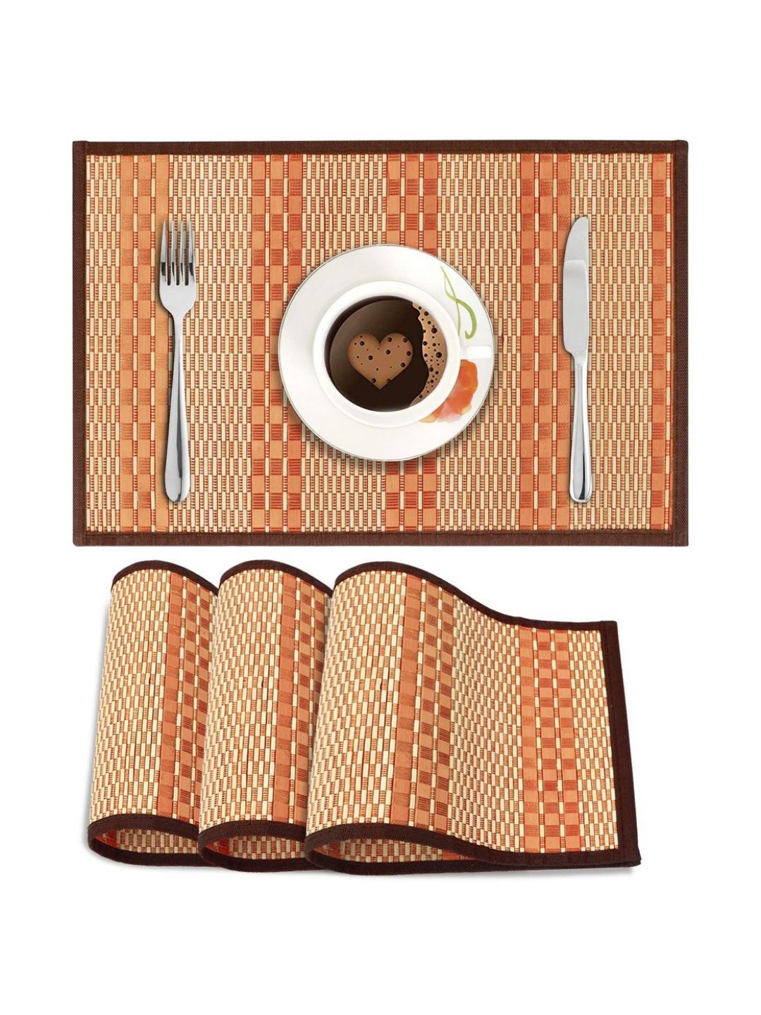 HOKIPO Beige & Orange-Coloured 4 Pieces Bamboo Striped Wooden Table Placemats-picture-37
