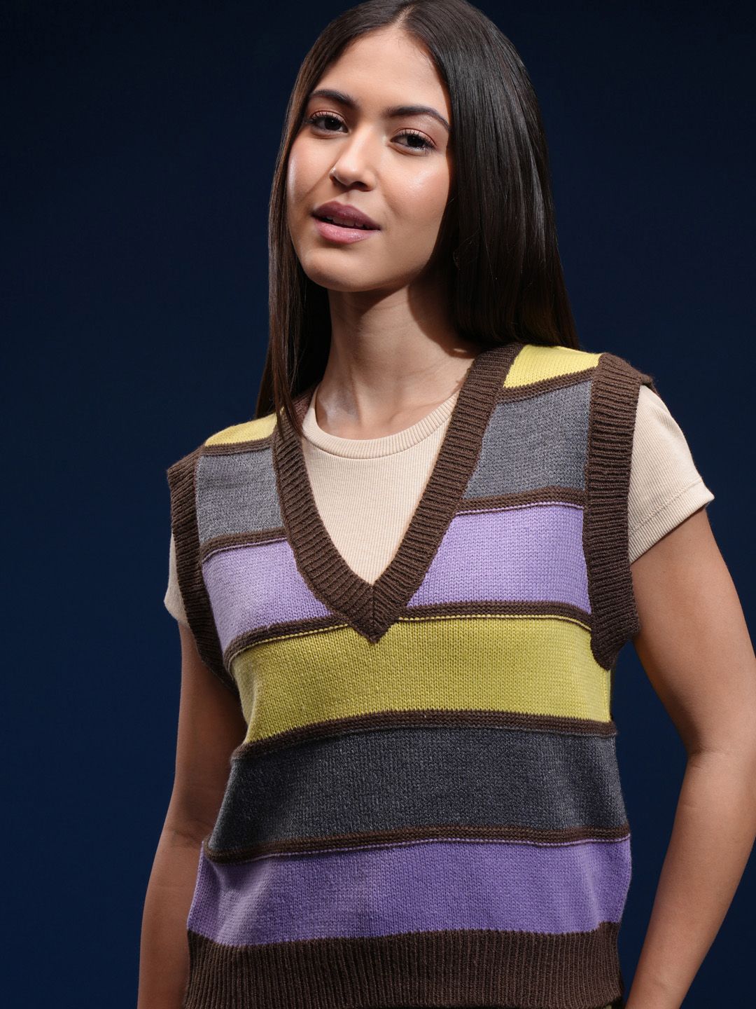 Tokyo Talkies Women Striped V-Neck Pullover Sweater-picture-16