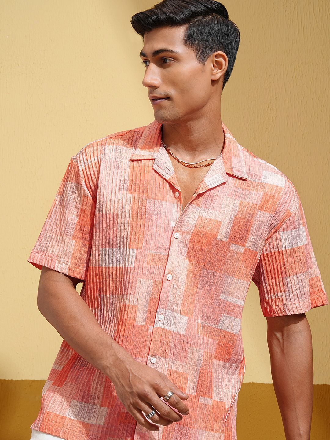 HIGHLANDER Men Textured Cuban Collar Casual Shirt-image-38