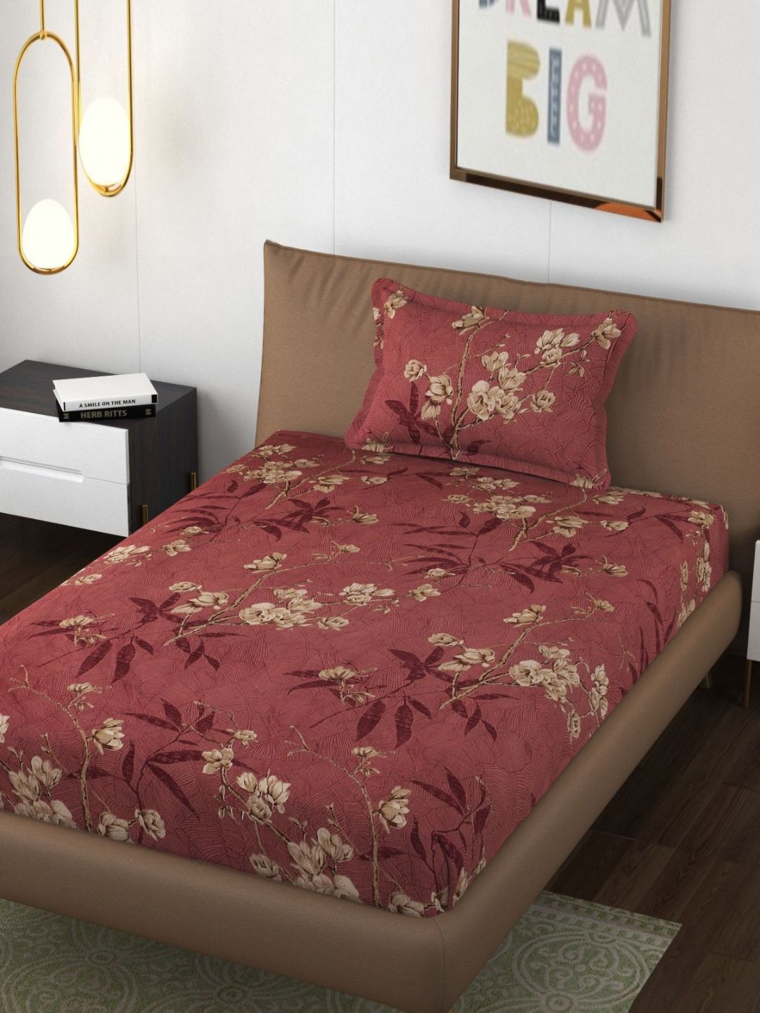 FINE TEX WORLD Purple & Beige 210 TC Single Bedsheet with 1 Pillow Covers-picture-14