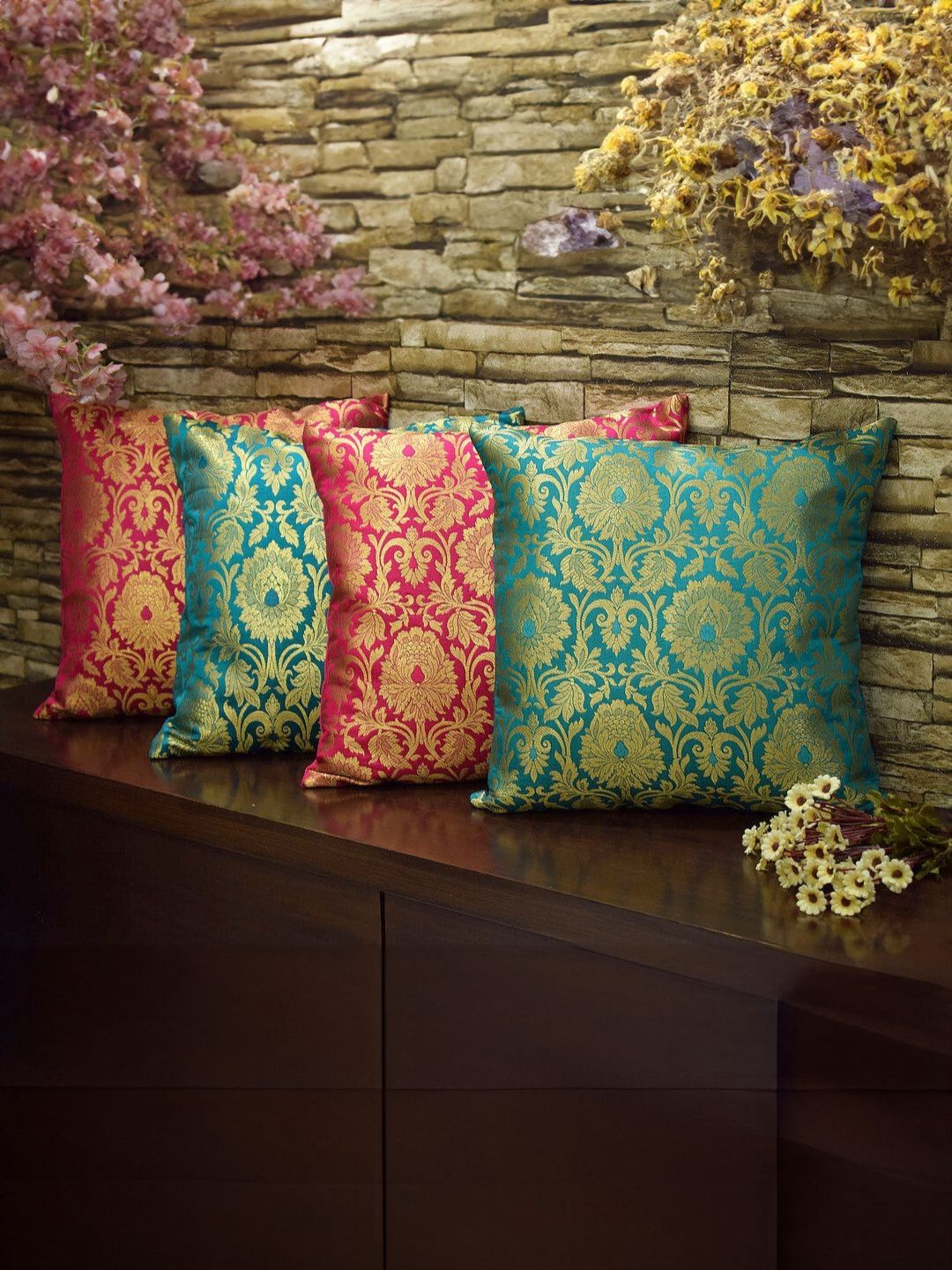 RoyalDeco Pink & Green 4 Pieces Embroidered Square Cushion Covers-picture-34