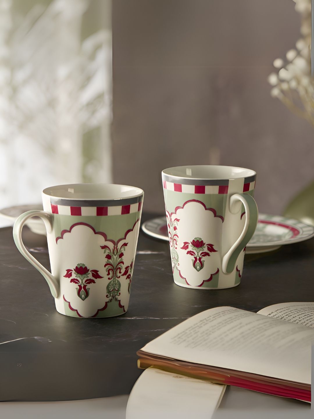 clay craft India Circus Zing Off White & Green 2 Pieces Floral Printed Ceramic Mugs 340ml-picture-16