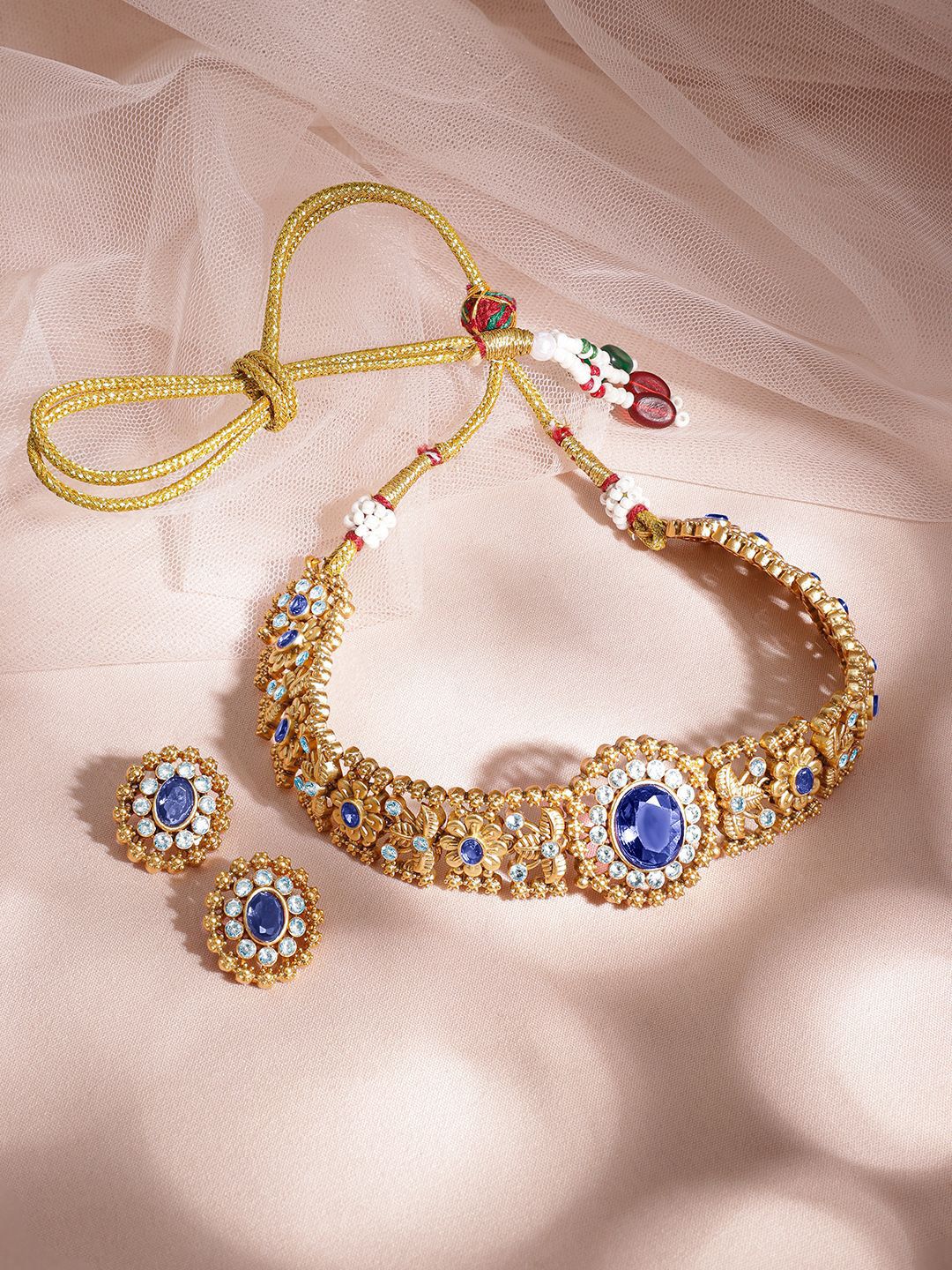 Rubans 24K Gold Plated Handcrafted Blue Sapphire & White Cubic Zirconia Studded Choker Set-picture-33